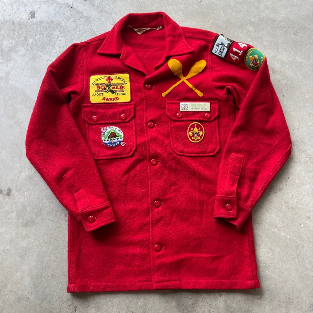 Vintage Boy Scouts of America Red Wool Patch Jacket BSA 38 L 70s 50 Miler Award